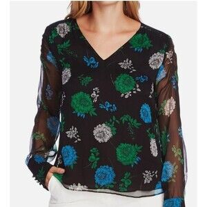 NWT Vince Camuto Floral Blouse Top Sheer Sleeve Smocked Romantic Boho Feminine M